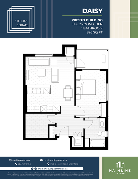 floor plan of the 1 bedroom apartment